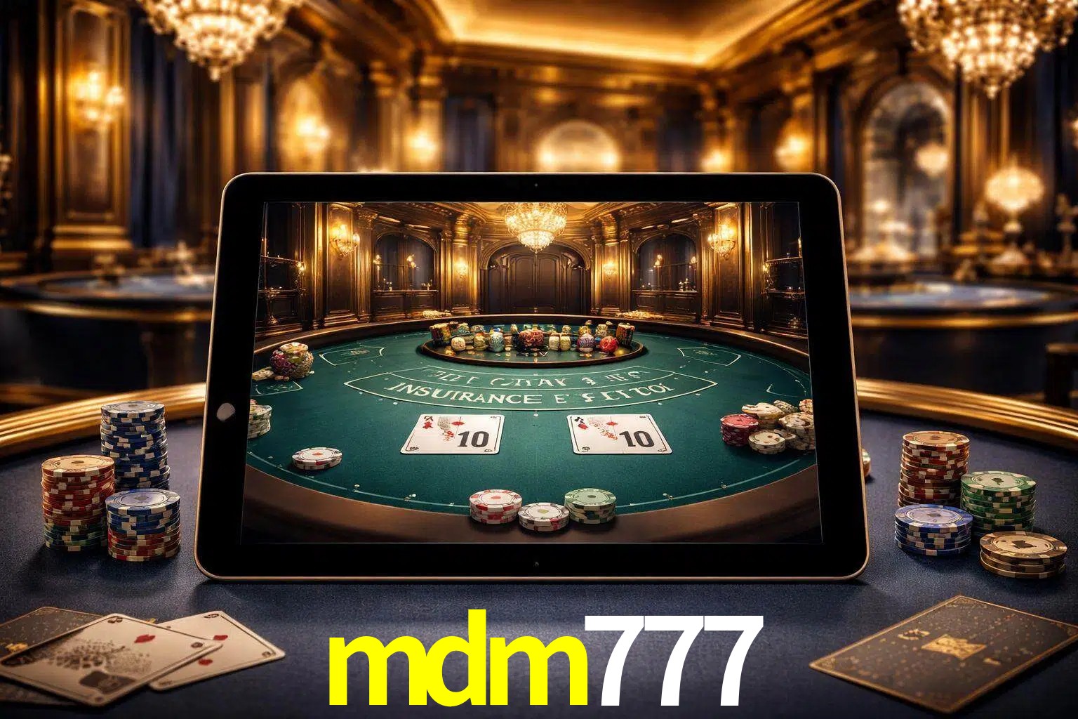 Configuración moderna de casino en vivo con una tableta mostrando una mesa de blackjack, luces cálidas de estudio y una atmósfera elegante de juegos digitales.