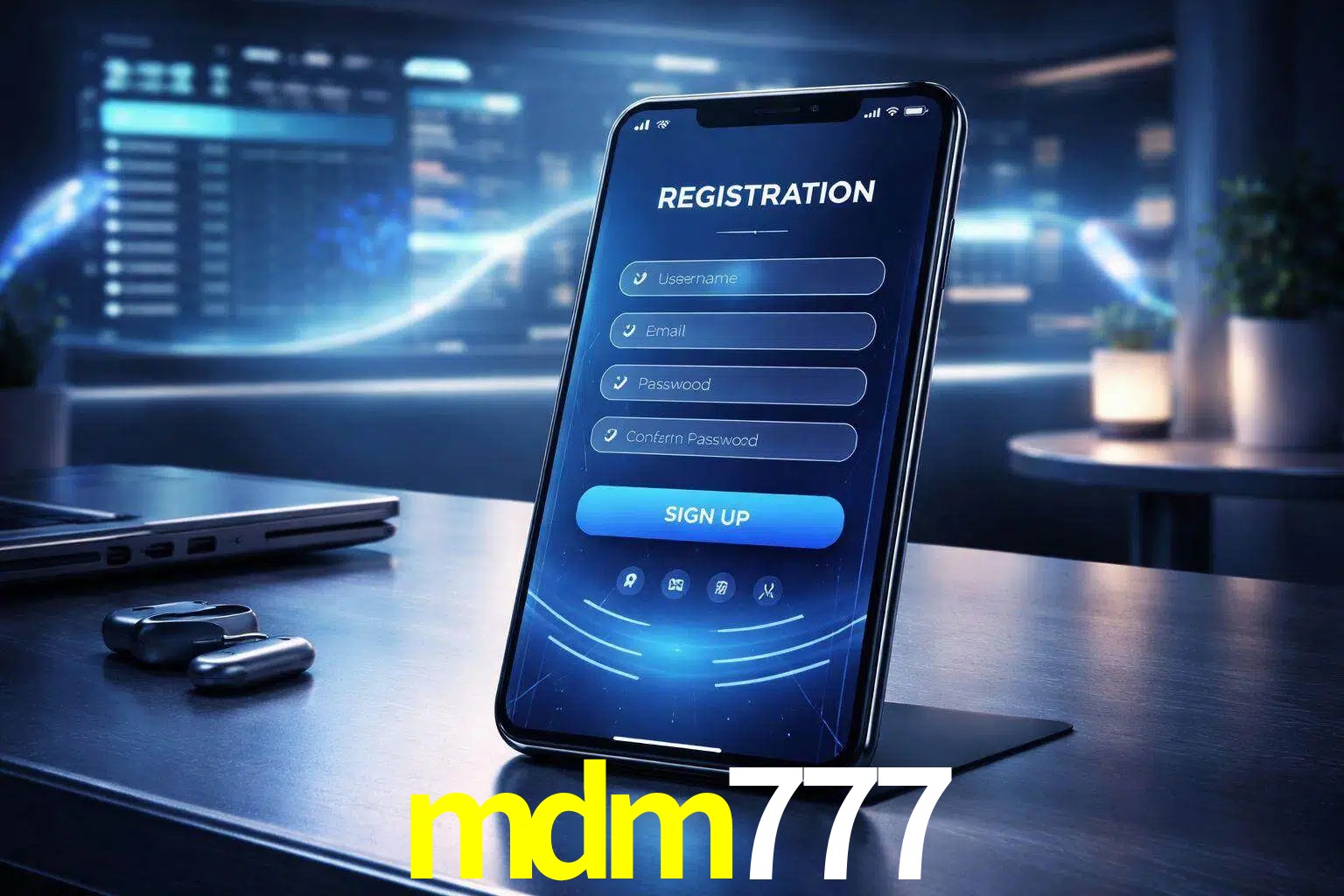 Una interfaz moderna de registro móvil para mdm777 mostrada en un smartphone con un panel de apuestas elegante.